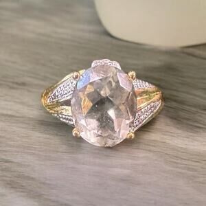 14 K yellow gold over over sterling silver diamonds green amethyst size 7 ring